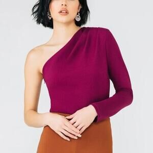 Chloe Kristyn Tisha Bodysuit Pleated One Shoulder Mesh Thong Magenta NWT Medium